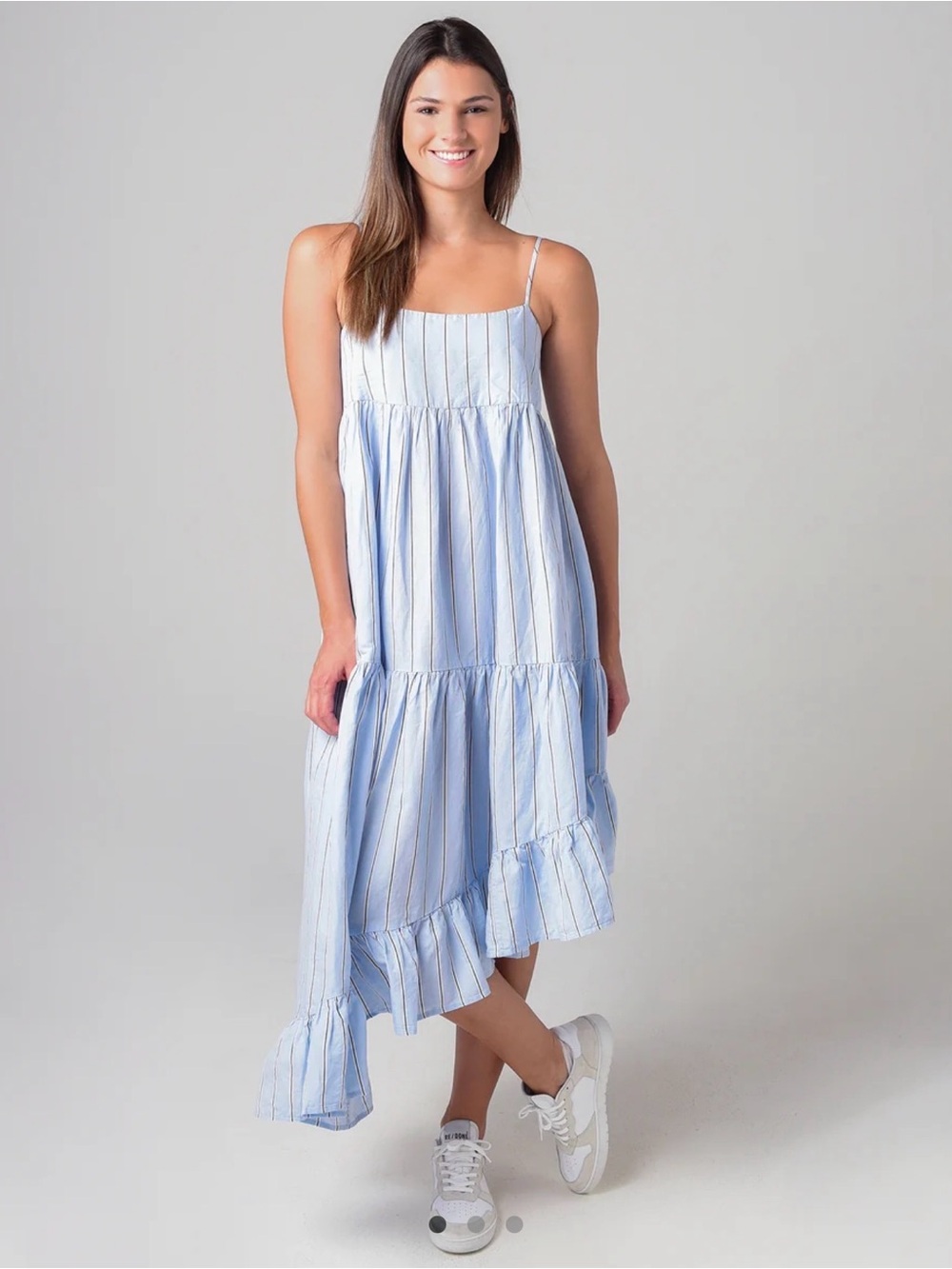 NWT Blue Pinstripe Tiered Maxi Dress Spaghetti Strap Size M